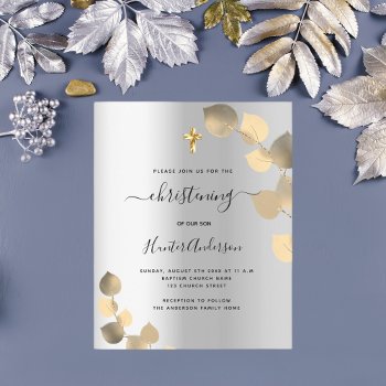 Budget Christening Silver Eucalyptus Invitation by Thunes at Zazzle
