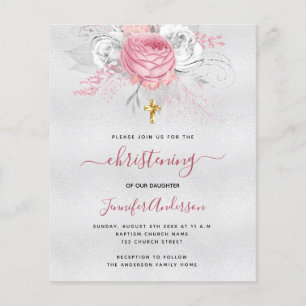 Budget Christening silver pink floral invitation