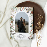 Budget Christmas 1 photo arch watercolor holiday Note Card<br><div class="desc">Budget Merry Christmas modern elegant watercolor dried botanical floral muted colors holiday arch 1 photo Christmas card design.</div>