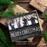 Budget Christmas 3 photo collage snow holiday Flyer<br><div class="desc">Rustic country farmhouse style winter holidays budget affordable greeting card FLYER on a dark barn wood background with falling snow featuring a collage of three photos, a big "Merry Christmas!" editable text, and your signature. Personalize it with your photos and text! PLEASE READ THIS BEFORE PURCHASING! This is a budget...</div>