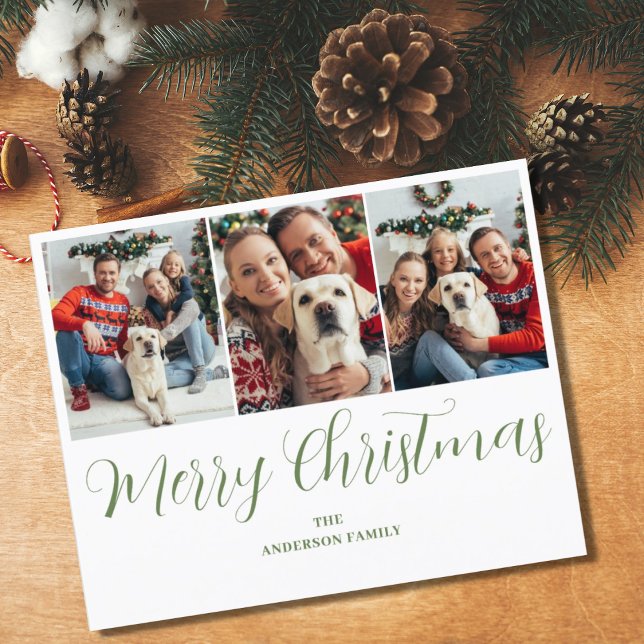 Budget Christmas 3 Photo Green Typography Card (Creator Uploaded)