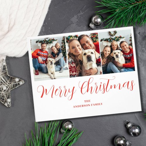 Budget Christmas 3 Photo Red Typography Card  Flyer