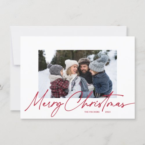 Budget Christmas Calligraphy Script Simple 3 Photo Holiday Card