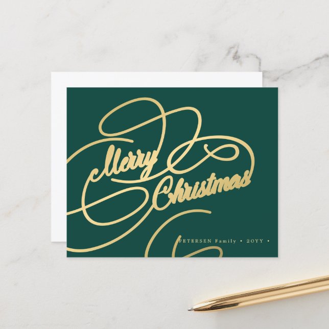 Budget Christmas gold script green holiday Card (Front/Back In Situ)