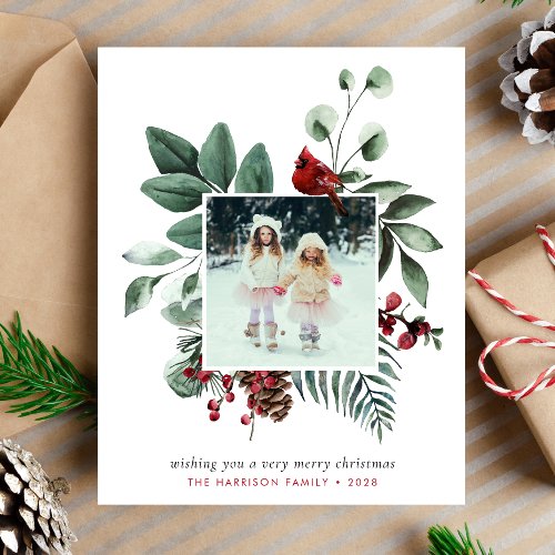 Budget Christmas Greenery Red Cardinal Photo Card