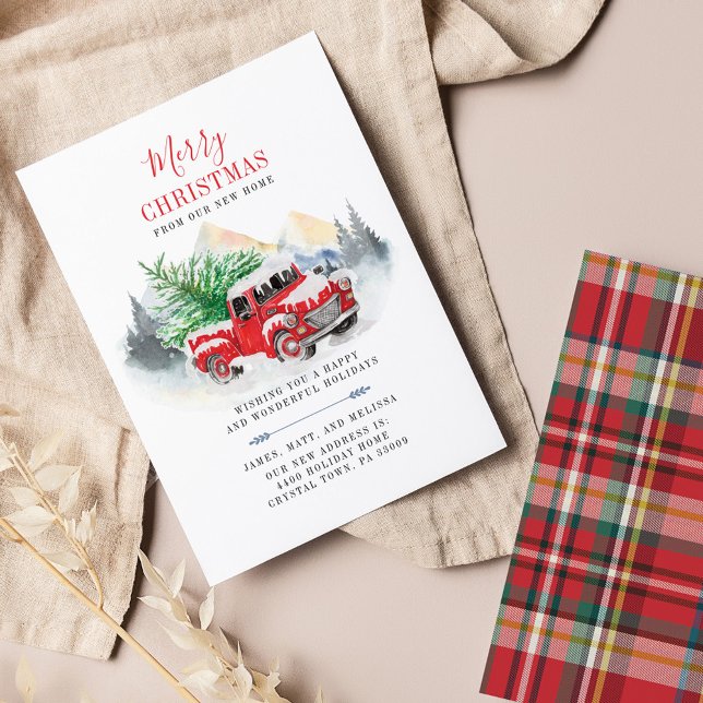 Budget Christmas Holiday Moving Announcement (Plaid Red Truck Rustic Holiday Moving Announcement)