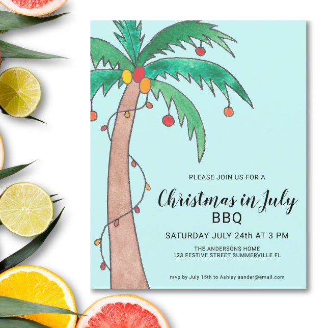 Budget Christmas In July BBQ Palm Tree Invitation (Creator Uploaded)