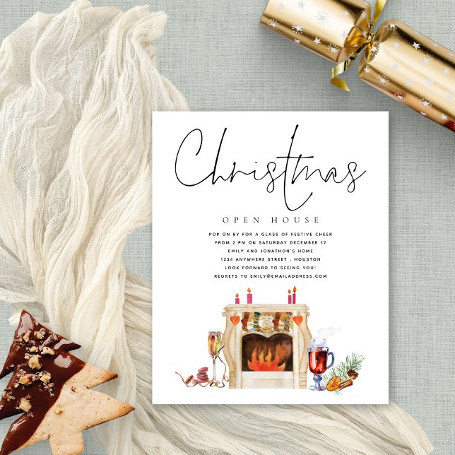 Budget Christmas Open House Fireplace Invitation (Budget price smaller 4.5 x 5.6" alternative)