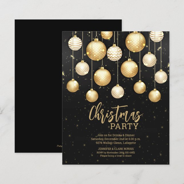 Budget Christmas Ornaments Black and Gold Invites (Front/Back)