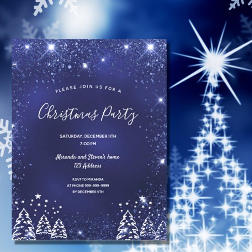 Budget Christmas party blue glitter invitation