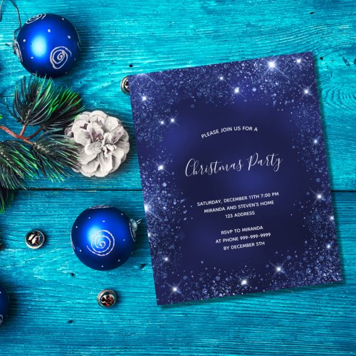 Budget Christmas Party blue glitter invitation