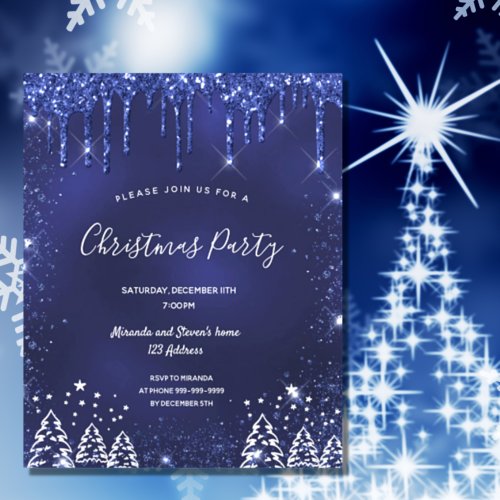 Budget Christmas party blue glitter invitation