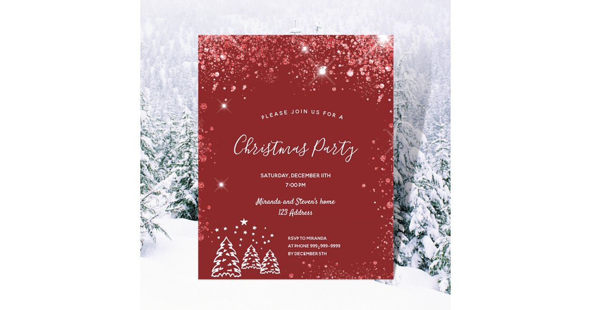 Budget Christmas party red glitter dust invitation | Zazzle