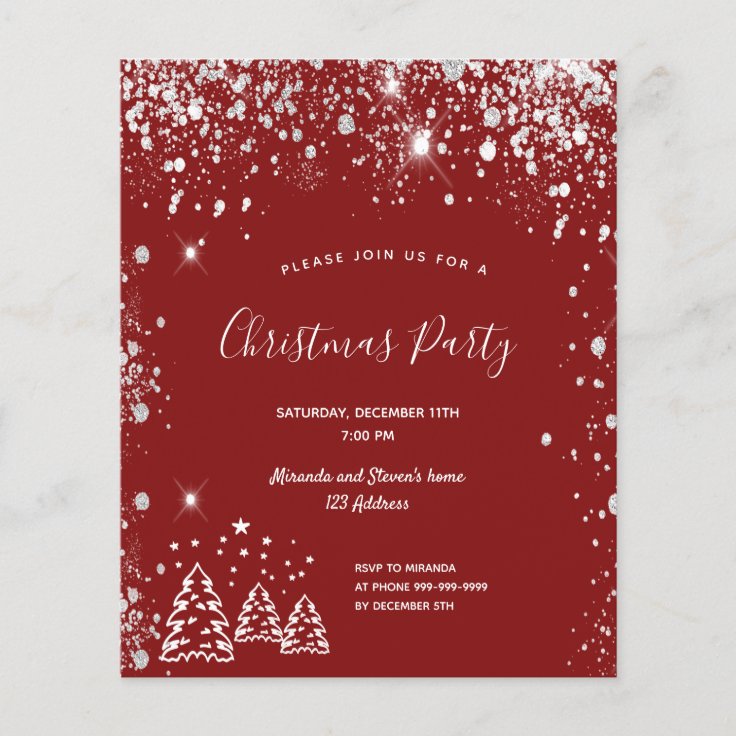 Budget Christmas party red silver invitation | Zazzle