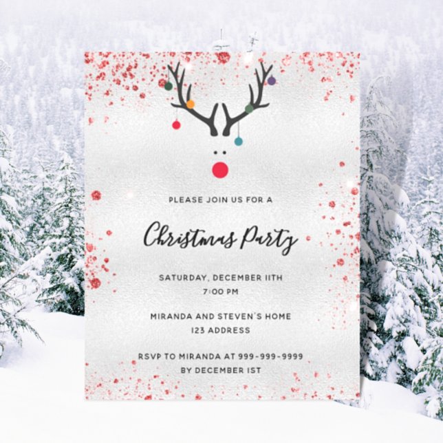 Budget Christmas party reindeer silver invitation (Creator Uploaded)