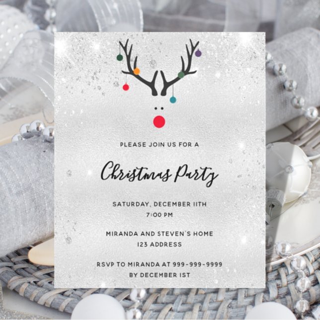 Budget Christmas party reindeer silver invitation (Creator Uploaded)