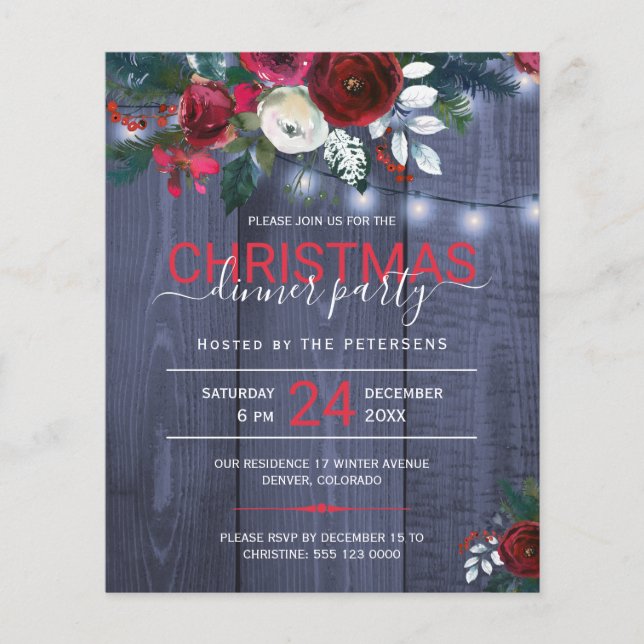 Budget Christmas party rustic floral invitation (Front)