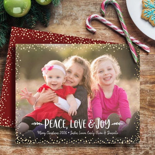 Budget Christmas Photo Peace Love Joy Gold Card