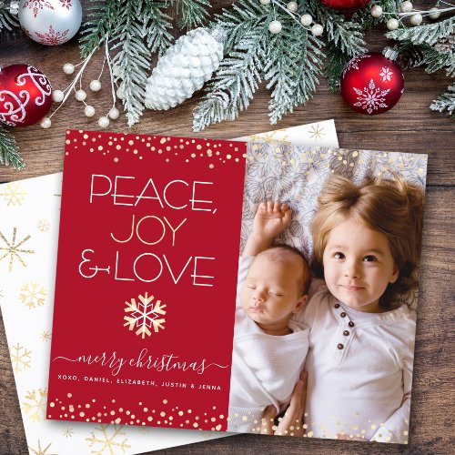 Budget Christmas Photo Red Gold Peace Love Card