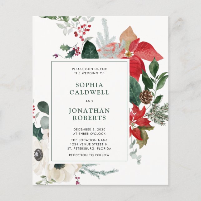 Budget Christmas Poinsettia QR Code Wedding Invite (Front)