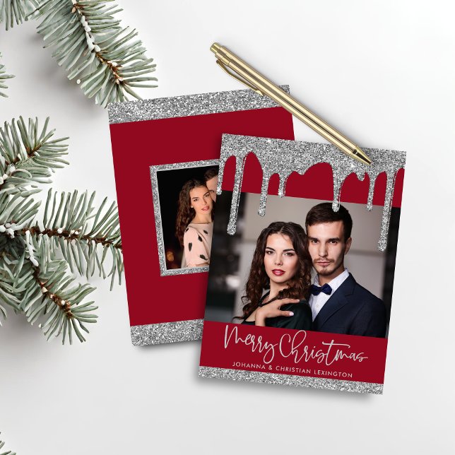 Budget Christmas Red Silver Glitter Drips Photo (Budget Christmas Red Silver Glitter Drips Photo Holiday Card)