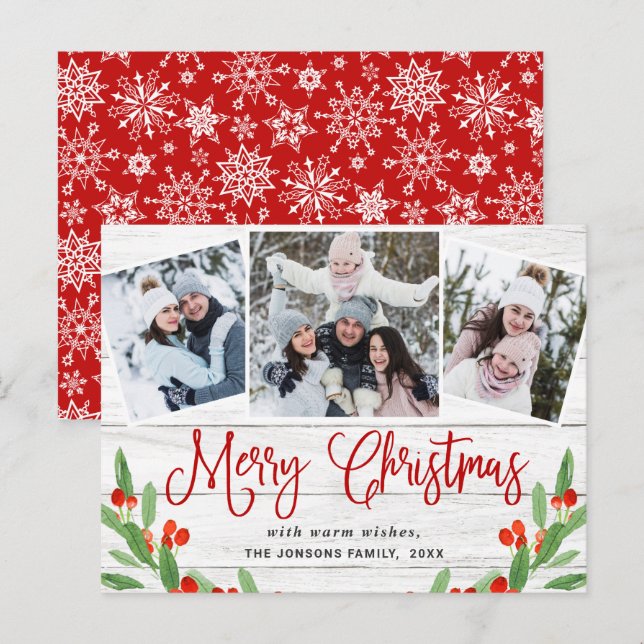 Budget Christmas Rustic 3 PHOTO Greeting Card (Front/Back)