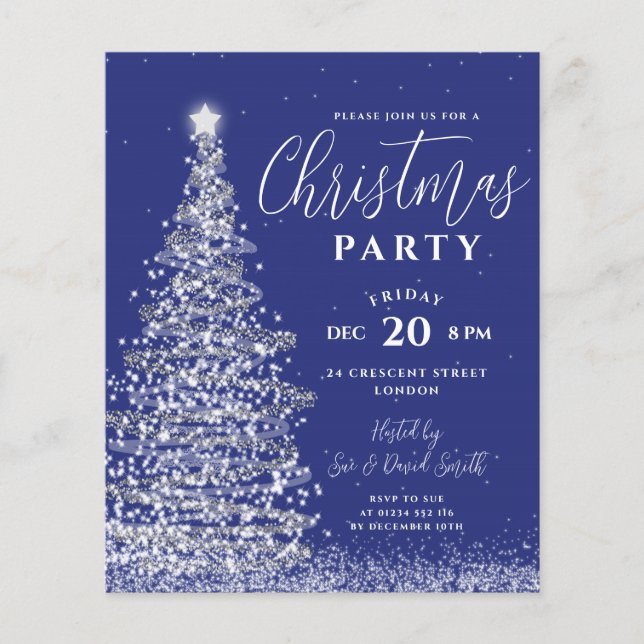Budget Christmas Tree Silver Navy Holiday Invite Flyer (Front)