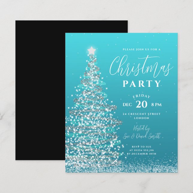 Budget Christmas Tree Silver Teal Holiday Invite  (Front/Back)