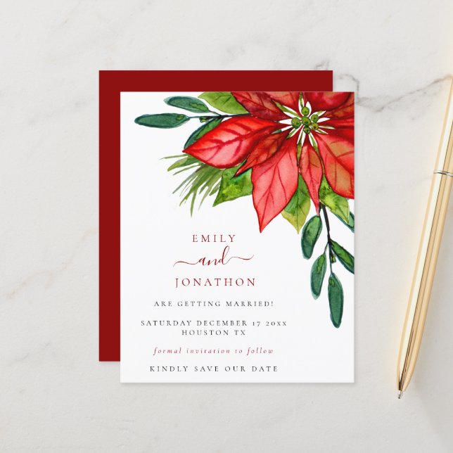 Budget Christmas Wedding Poinsettia Save the Date (Front/Back In Situ)