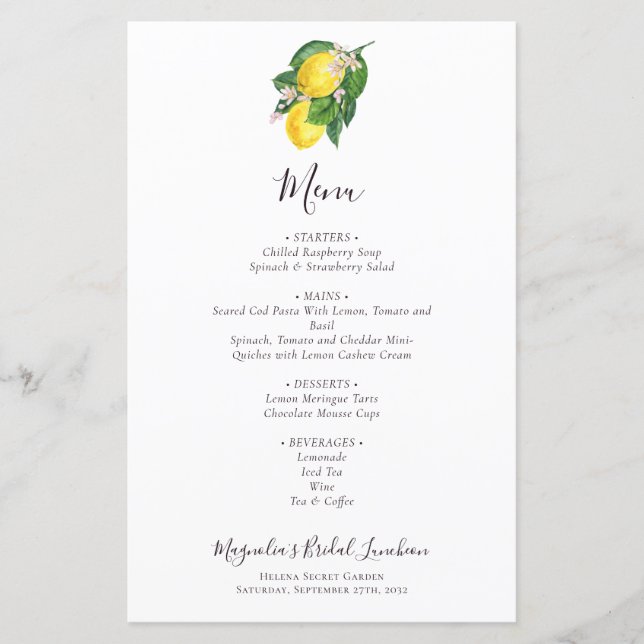 BUDGET Citrus Lemon Bridal Luncheon Menu (Front)
