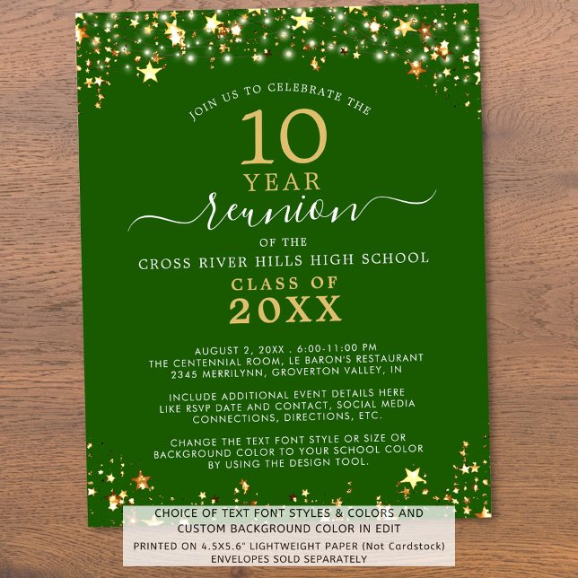 Budget Class Reunion Green Gold Stars Invitation (Creator Uploaded)