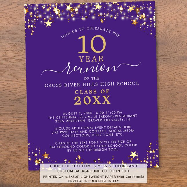 Budget Class Reunion Purple Gold Stars Invitation (Creator Uploaded)