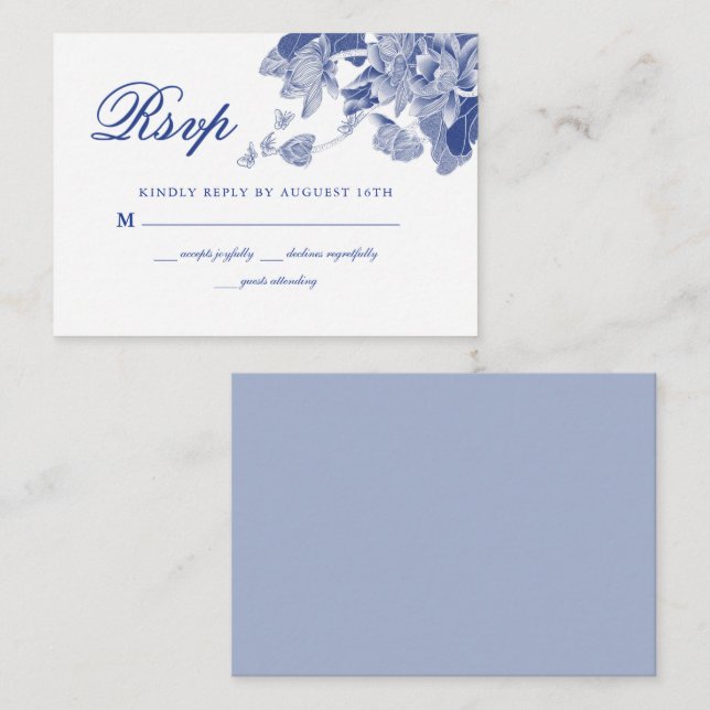 BUDGET Classic Blue White Floral Wedding RSVP  Note Card (Front/Back)