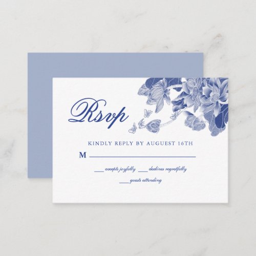 BUDGET Classic Blue White Floral Wedding RSVP  Note Card
