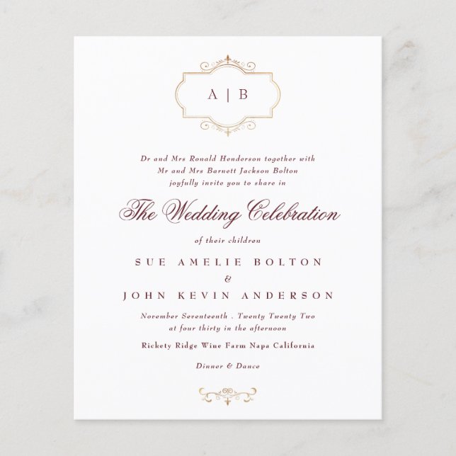 Budget classic Burgundy & Navy monogram wedding Flyer (Front)
