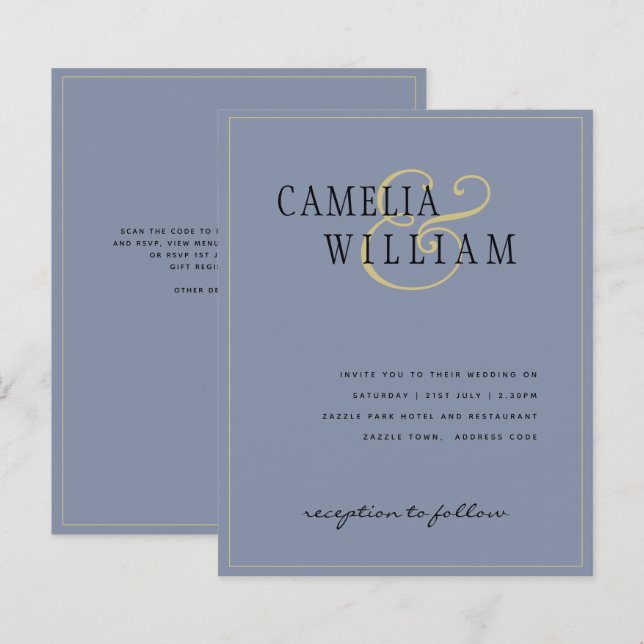 BUDGET Classic Dusty Blue Gold Wedding Invite (Front/Back)