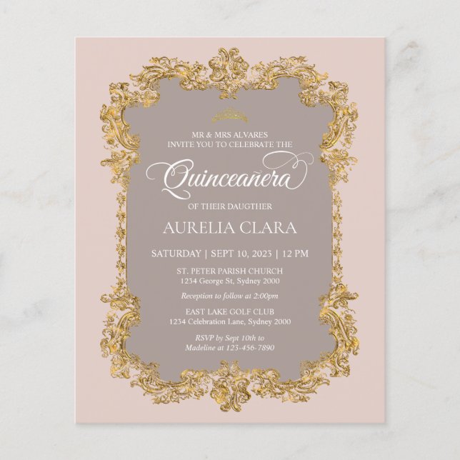 Budget Classic Elegant Blush Pink Gold Quinceanera (Front)