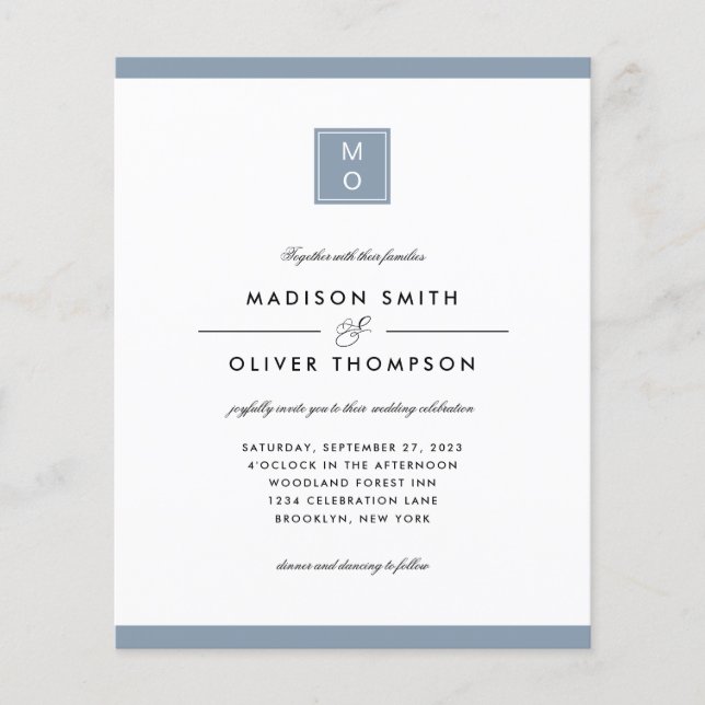 BUDGET Classic Elegant Dusty Blue Monogram Wedding (Front)