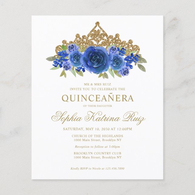 Budget Classic Floral Royal Blue Tiara Quinceañera (Front)