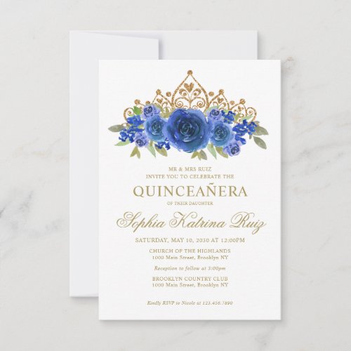 Budget Classic Floral Royal Blue Tiara Quinceaera Note Card