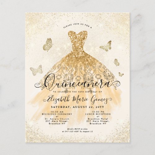Budget Classic Light Gold Gown Quinceanera Invite