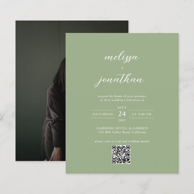 BUDGET Classic Sage Green Photo QR Code Wedding (Front/Back)