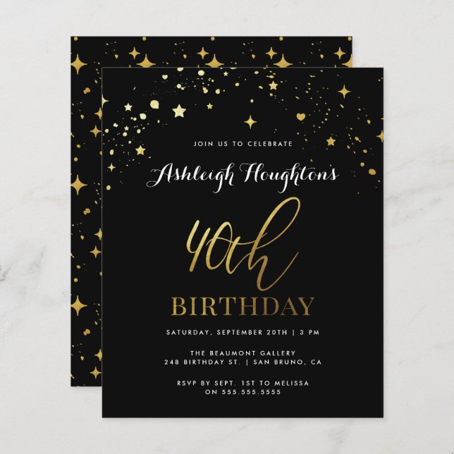 Budget Classy Black & Gold Confetti 40th Birthday (Front/Back)