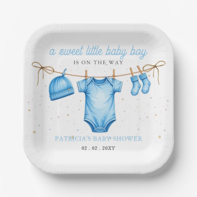 Budget Clothesline Blue Boy Baby Shower invitation Paper Plates (Front)