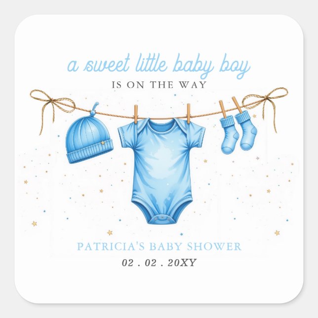 Budget Clothesline Blue Boy Baby Shower invitation Square Sticker (Front)
