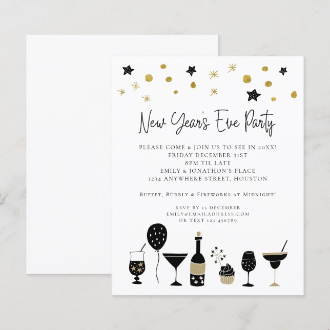 Budget Cocktails Gold Black New Years Eve Invite (Front/Back)