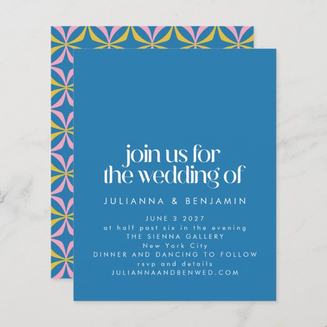 Budget Colorful Blue Geometric Fun Wedding Invite (Front/Back)