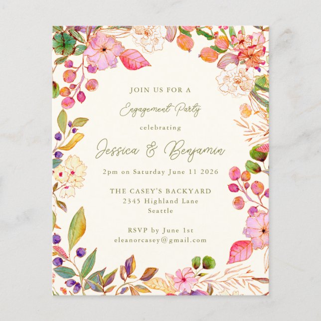 Budget Colorful Floral Engagement Party Invitation (Front)