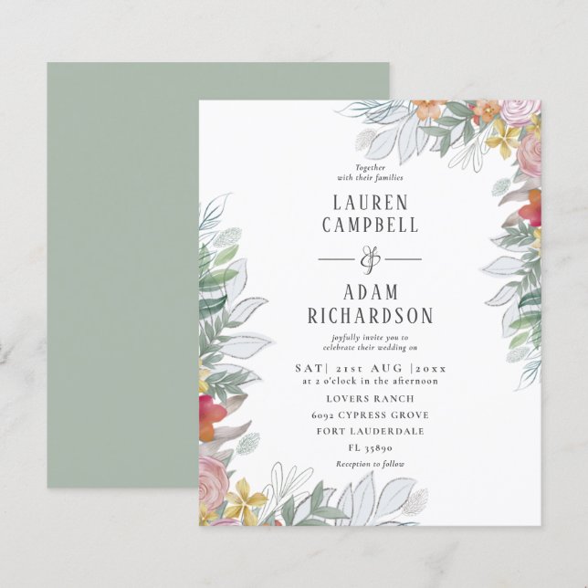 Budget Colorful Floral Foliage Wedding Invitation (Front/Back)
