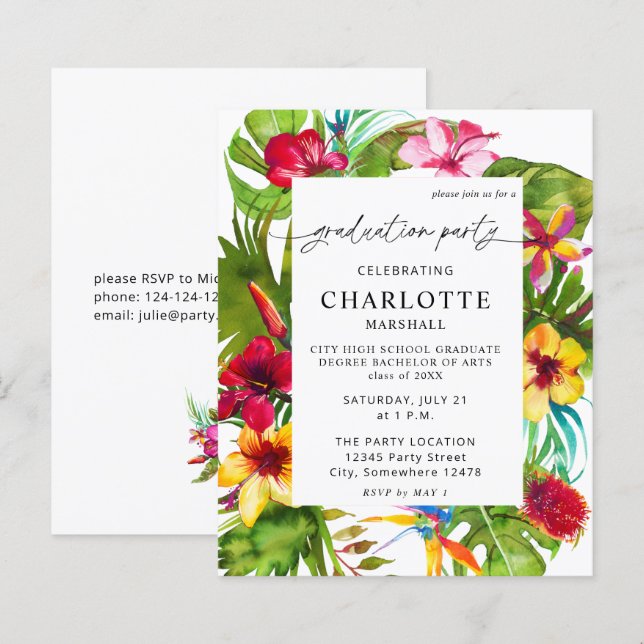 Budget Colorful Tropical Floral Graduation Party (Front/Back)